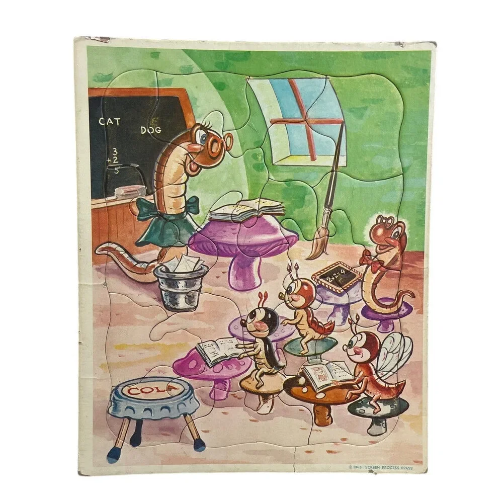 Vintage 1963 Screen Process Press School Worm Teacher Cardboard Jigsaw Puzzle